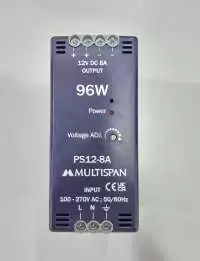 MULTISPAN, POWER SUPPLY, DIN RAIL MOUNT, 96W, VOLTAGE I/P: 100-270V AC, 50/60Hz, VOLTAGE O/P: 12V DC, 8A, PS12-8A, PS12-8A-00